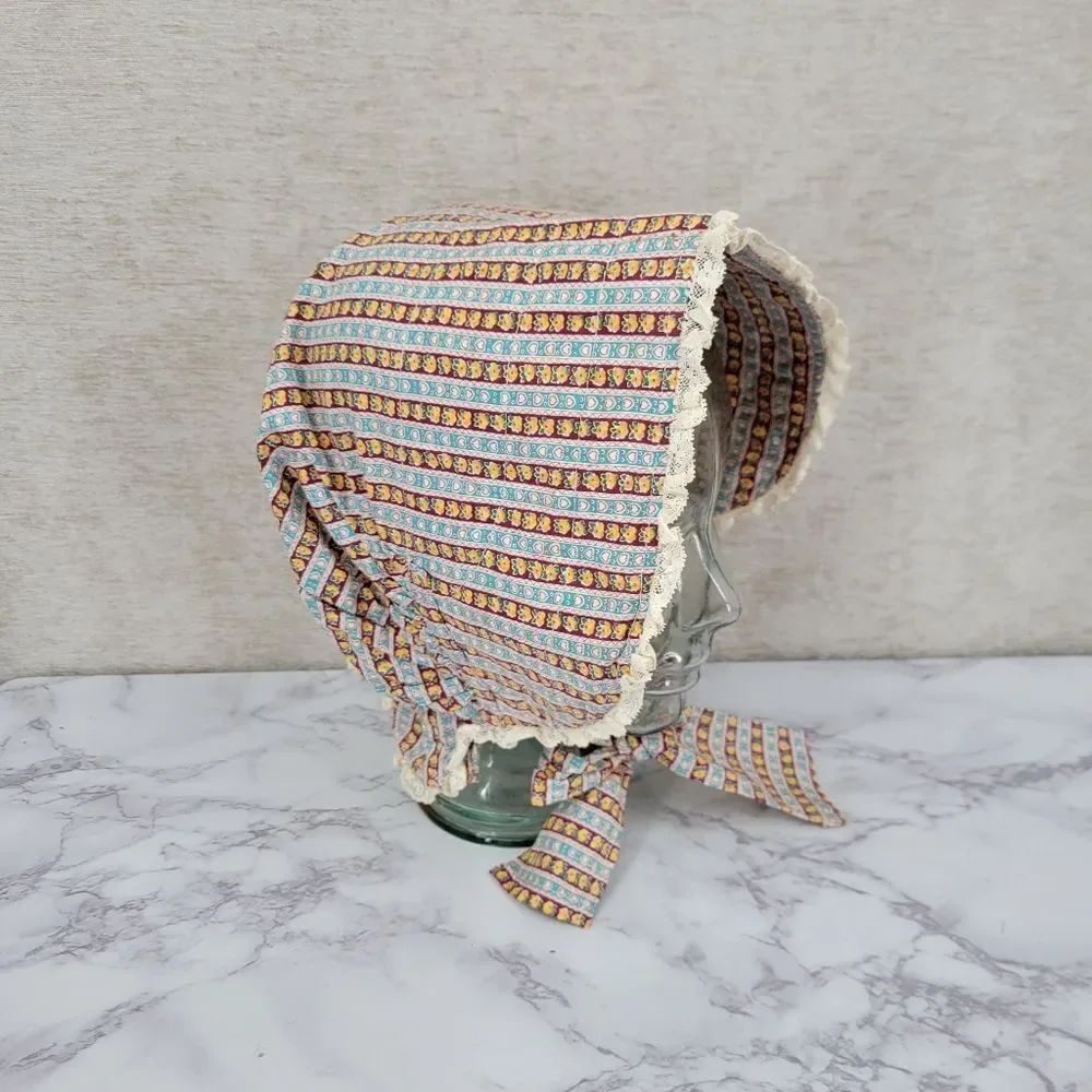 Vintage Striped Bonnet with Lace Trim